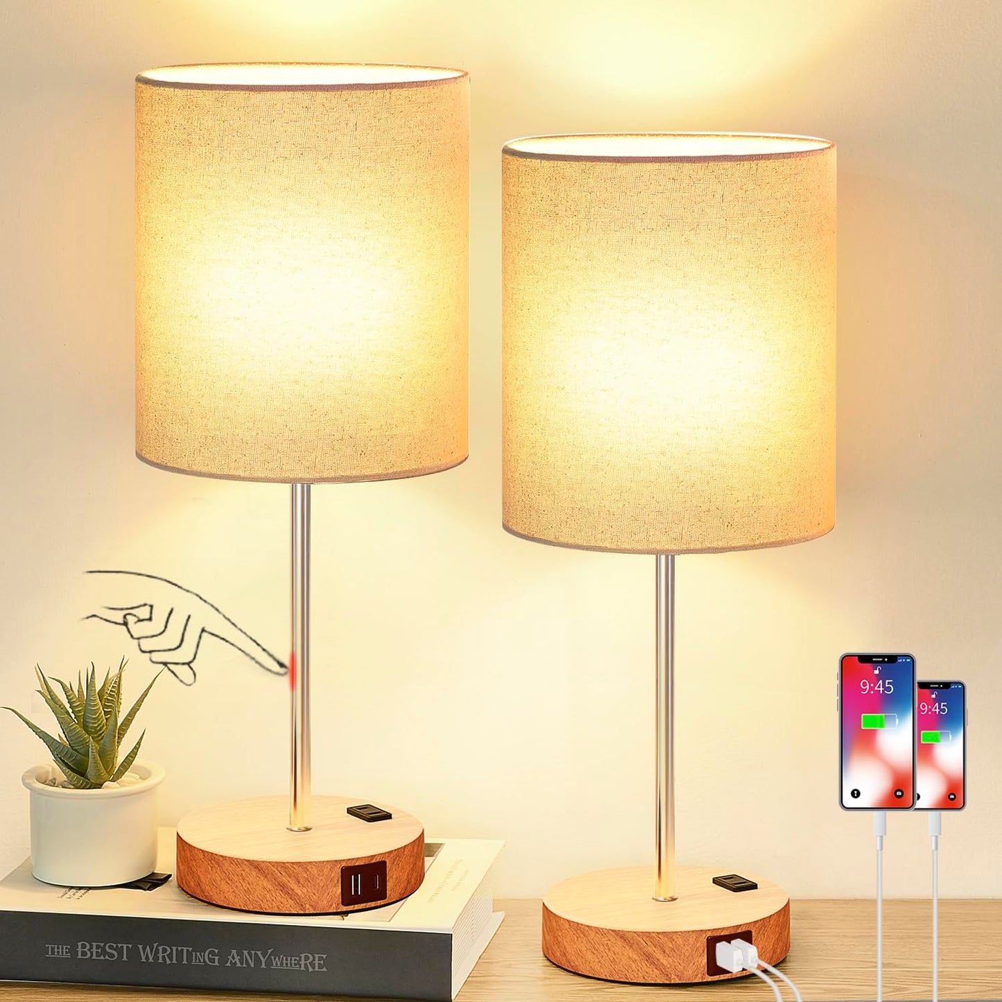 𝟮𝟬𝟮𝟯 𝗡𝗘𝗪 Touch Wood Table Lamps Set of 2, Bedroom Lamps with 2 USB & AC Outlet, 3-Way Dimmable Bedside Nightstand Lamps for Bedroom Living Room Nursery, 800 Lumens 2700K Bulbs Included