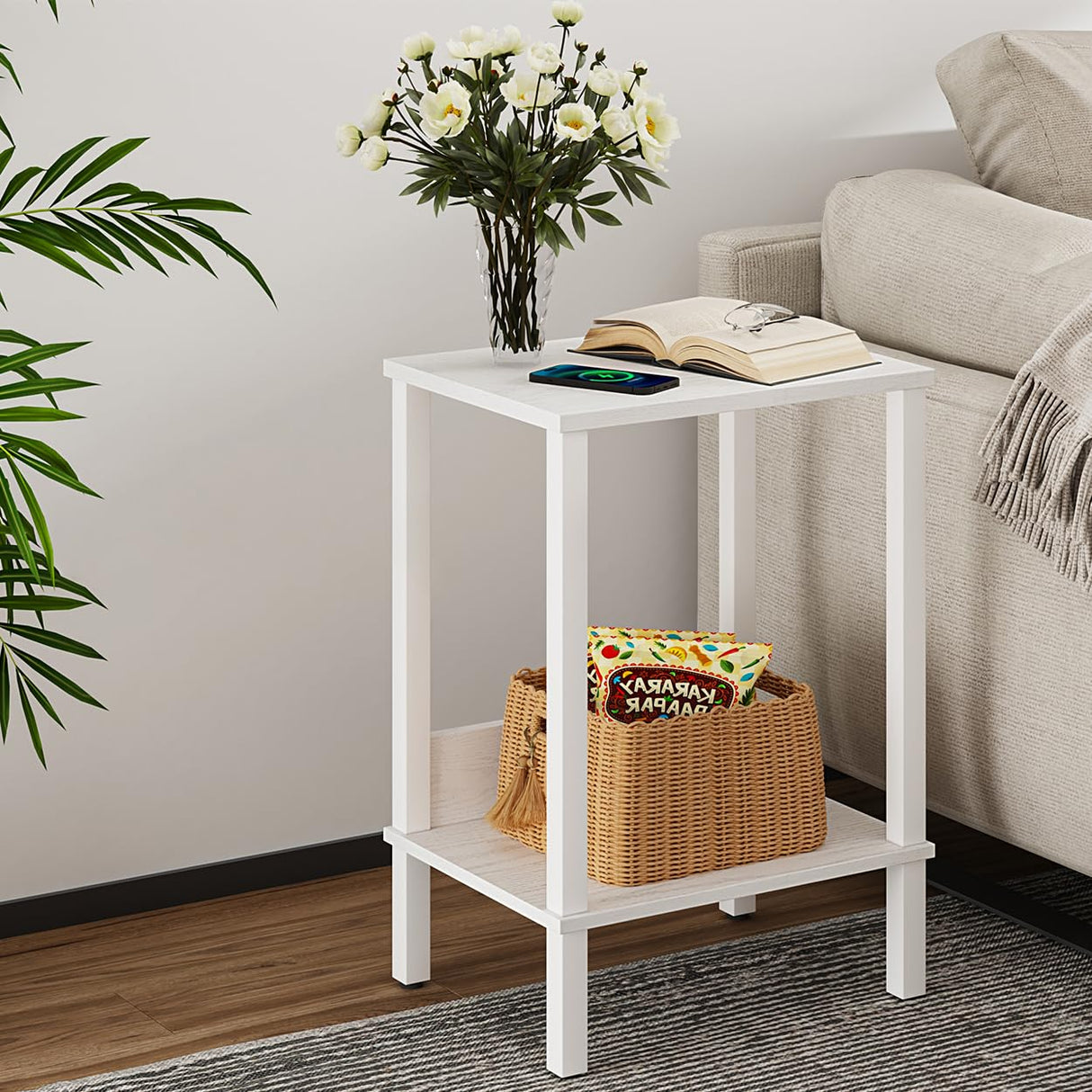 End Table, Side Table, Set of 2, Nightstands with 2-Tier Storage Shelves, Sofa Table for Small Space, Coach Table for Living Room Bedroom, White UTBT101W2 VIMBER