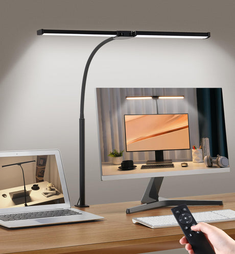 Led Desk Lamp for Home Office, Eye-Care Architect Light with Clamp, Smart Double Head Computer Monitor Table Clip Lamp, Adjustable Flexible Gooseneck, 25 Lighting Models, Task lamp, Black Motumen