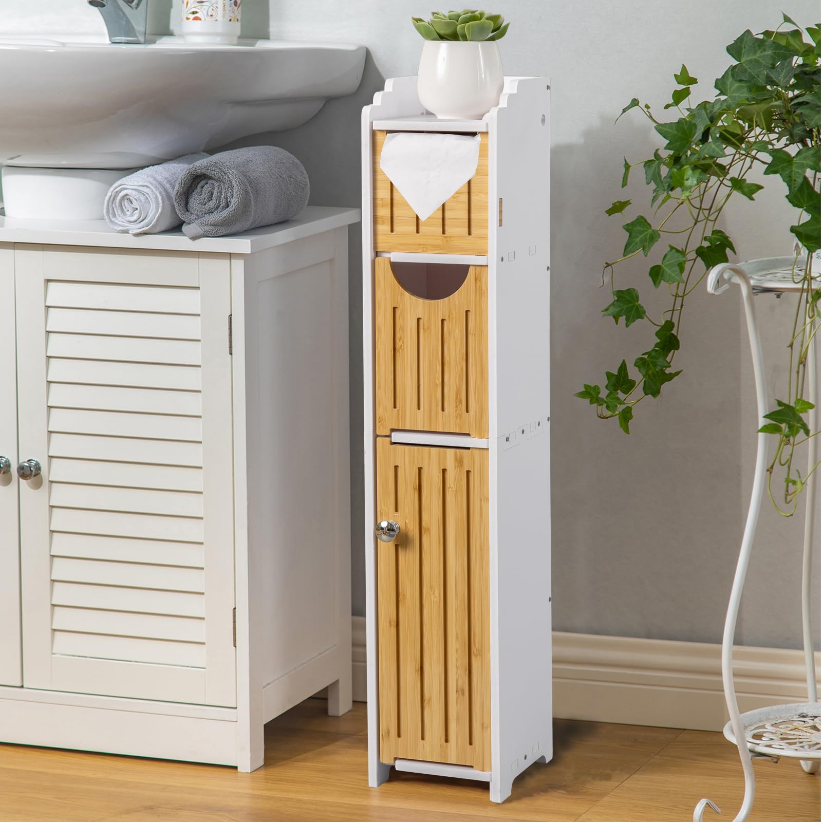 AOJEZOR Bathroom Storage Cabinet: Sideboard Buffet Cabinet,White/Bamboo - WoodArtSupply