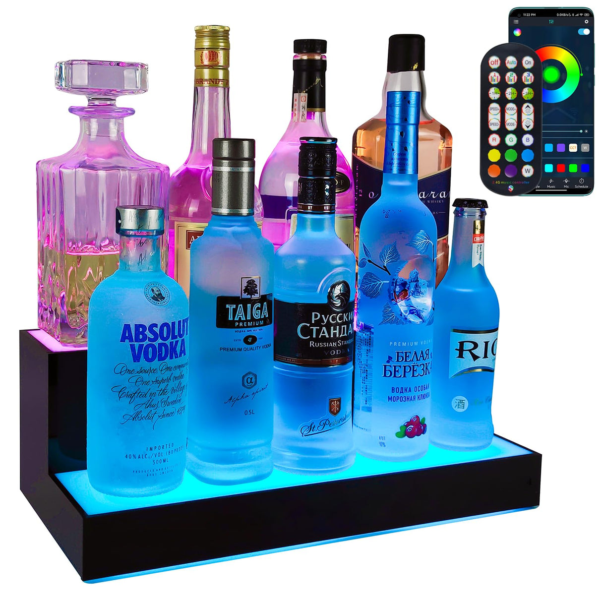 GOH&FTY LED Lighted Liquor Bottle Display Shelf,APP 16 inche 2Step LED Bar Shelves with Wireless Remote& Multicolor LED Light ,Bar Stand for Home Bar Accessories GOH&FTY