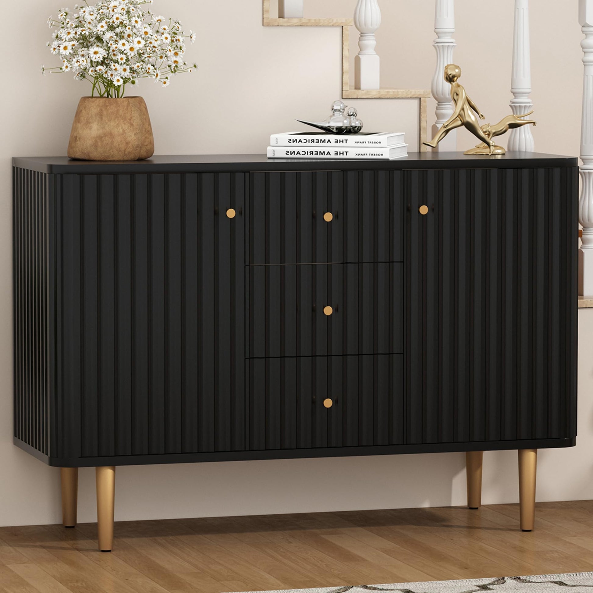 ARTPOWER Black Sideboard Buffet Cabinet with Drawers, 48" Fluted Accent Cabinet, Modern Credenza Storage Cabinet Console Table with Drawers for Entryway, Living Room, Dining Room - WoodArtSupply