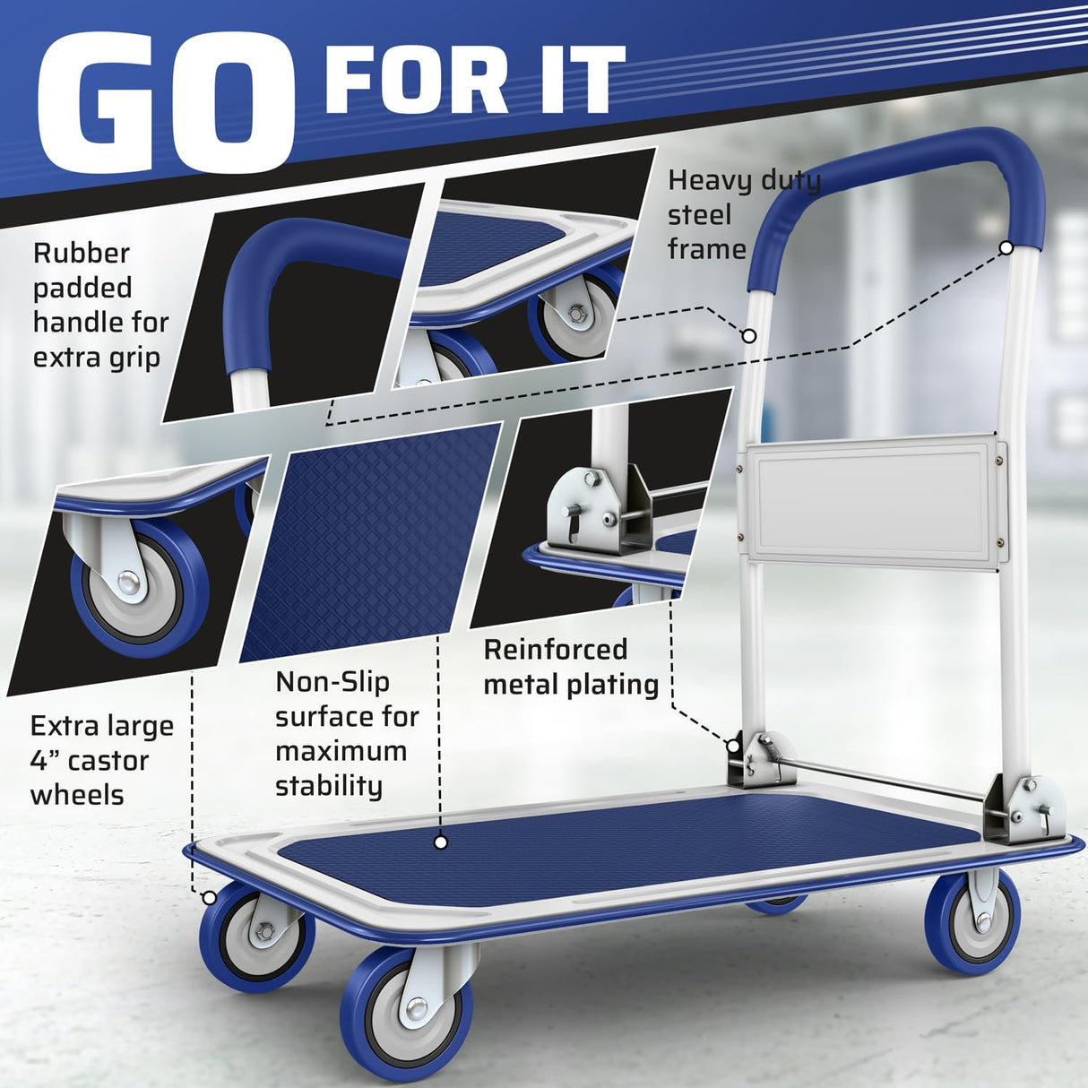 Upgraded Foldable Push Cart Dolly | 660 lbs. Capacity Moving Platform Hand Truck | Heavy Duty Space Saving Collapsible | Swivel Push Handle Flat Bed Wagon - Blue Lifetime Appliance Parts