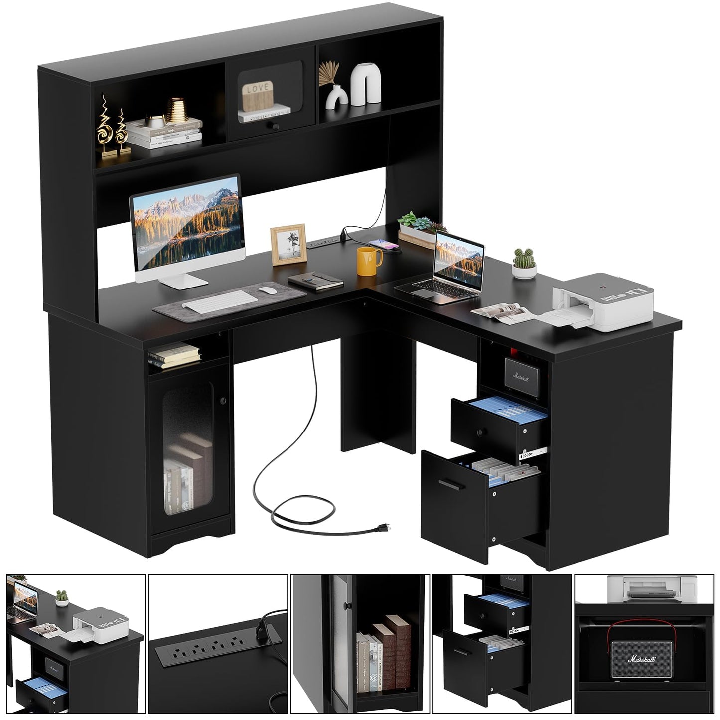 Unikito Office Desk with Drawers and Hutch, Large L Shaped Computer Desks with Power Outlet and LED Lights, 60 Inch Modern Corner Desk with File Cabinets, Sturdy 2 Person Home Office Table, B - WoodArtSupply