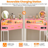 Cyclysio Corner Vanity Desk Without Mirror, Makeup Vanity Table with Lights & Power Outlets, Small Corner Vanity with Drawers for Bedroom,Small Spaces, Pink Cyclysio