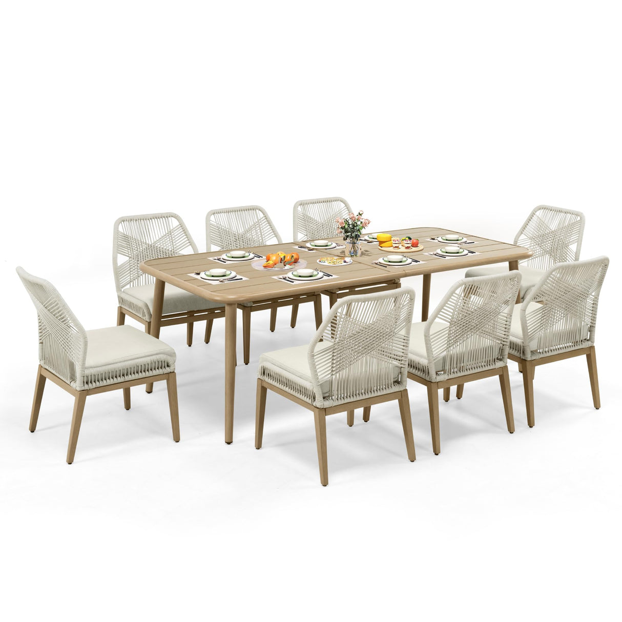 HAPPATIO Outdoor Dining Sets for 8, 9-Piece Patio Table and Chairs Set, Rope Woven Chairs with Cushions, Wood-Grain Aluminum Frame Patio Dining Set for Outside, Lawn, Garden, Backyard HAPPATIO