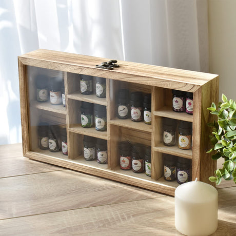 Ikee Design Wooden Collection Display Case with Hinged and Clear Tempered Glass Top, Wall Mounted 10 Slots Wood Display Storage Box for Mini Figures, Collections, Essential Oils, Oak Color Ikee Design