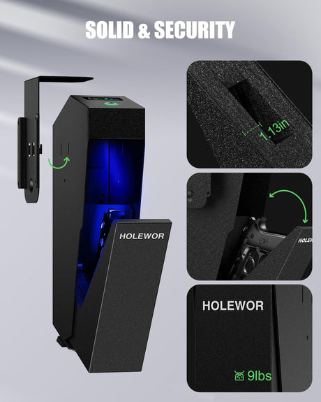 HOLEWOR Gun Safe, Biometric Pistol Safe Fingerprint Quick Access Drop Down Handgun Safe Mount Bedside Gun Safe for Desk Nightstand Car HOLEWOR