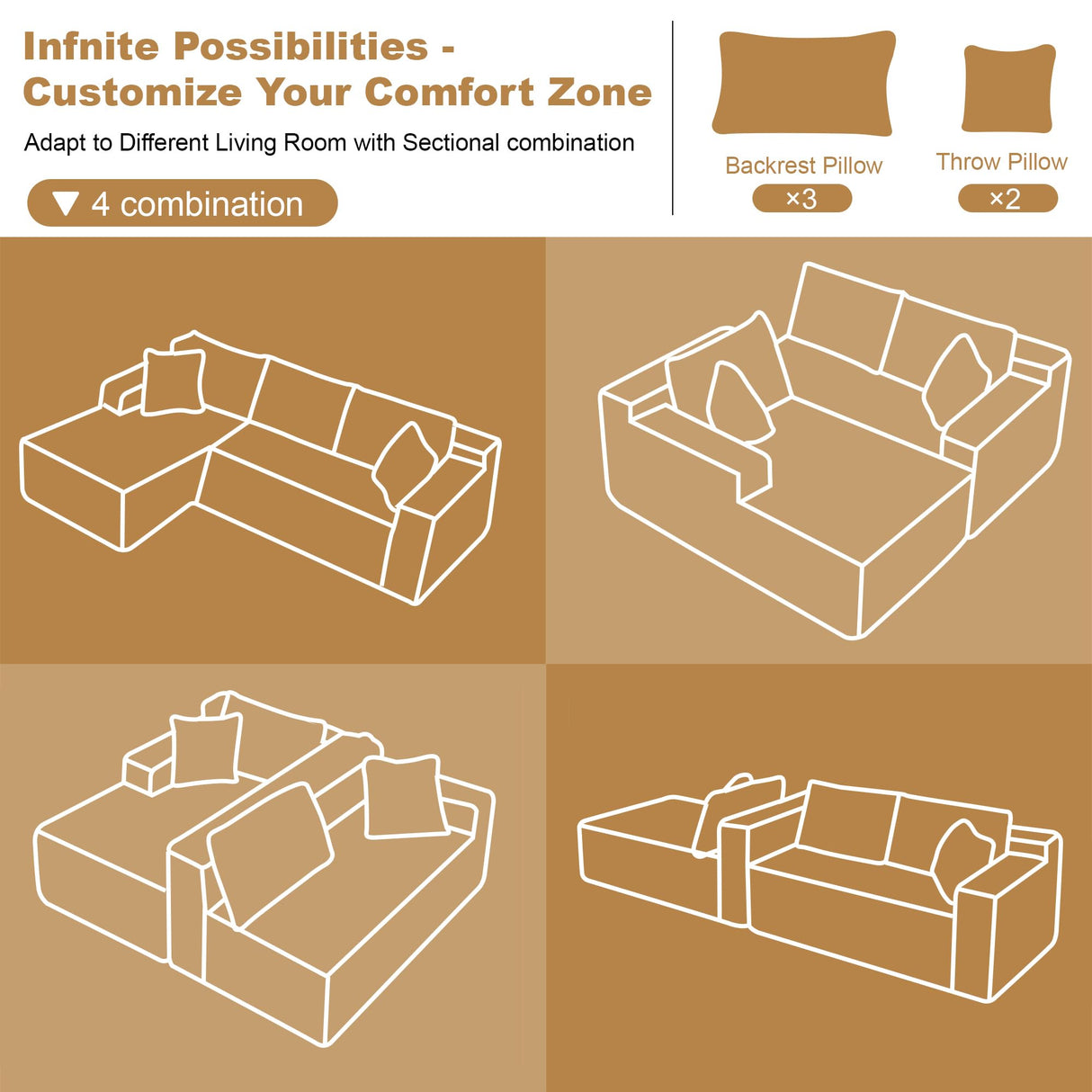 AUGOP 108" Sectional Couches for Living Room Modern Modular Sofa with L-Shape Couchs Upholstered Boneless Couch Deep Seat Sectional Couch with Chaise (Camel, Left Facing Chaise+2Seaters) AUGOP