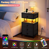 REAHOME Night Stand with Charging Station and LED Light, 4 Fabric Drawers Black Bedside Table with Open Shelf, Modern End Table with Wooden Top for Bedroom, Living Room, Hallway - Black Gery REAHOME