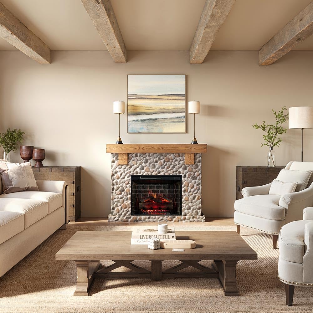 Country Living Glenbrook 55 Inch Oak Wood Mantel with Cast Stone River Rock Surround & 28" Smart Electric Fireplace | Works with Remote, Wi-Fi App, Alexa and Google | LED Multi-Flame Options Country Living