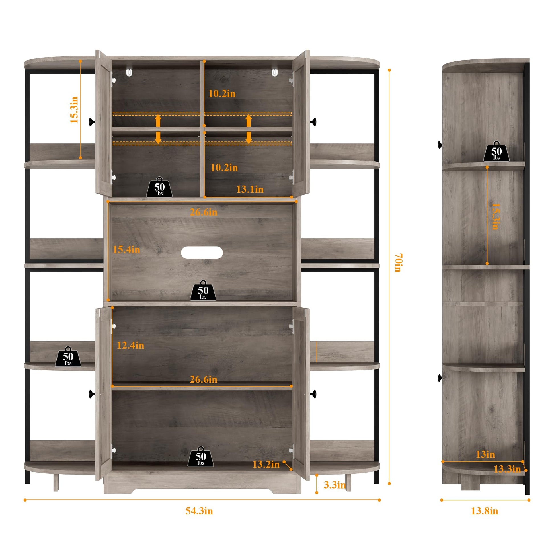 HITHOS 70" Industrial Kitchen Pantry Cabinet with Adjustable Shelves and Microwave Stand in Ash Gray - WoodArtSupply