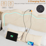 VECELO Adjustable Upholstered Queen Bed Frame with LED Lights, USB Ports, and Velvet Finish in Beige VECELO