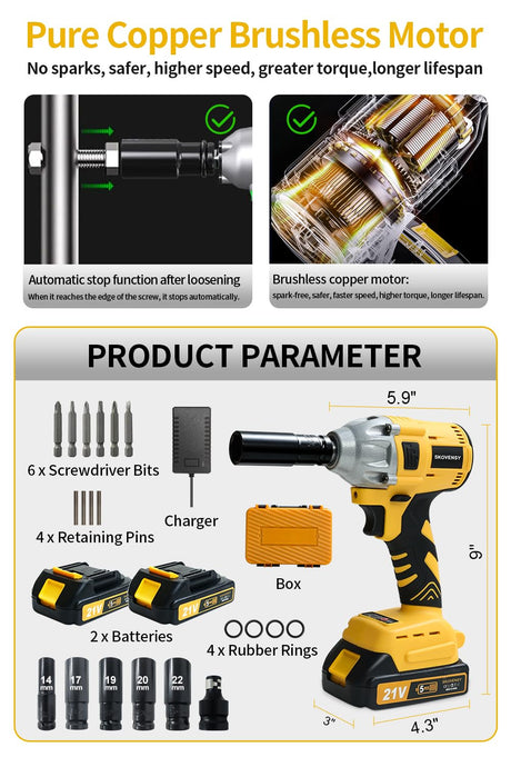 SKOVENSY Cordless Impact Wrench 258Ft-lb（350N.m）, 1/2 Impact Gun, 2 Batteries, Pistola de Impacto, with 5 Sockets, Electric Impact Driver for Car Tires and Home YELLOW SKOVENSY