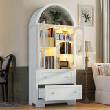 70" Tall Arched Bookcase with LED Lights, Modern Curved Cabinet with Glass Door, Arched Bookshelf Cabinet with 2 Storage Drawers, Display Storage Cabinet with Adjustable Shelves for Living Room,White Gyfimoie