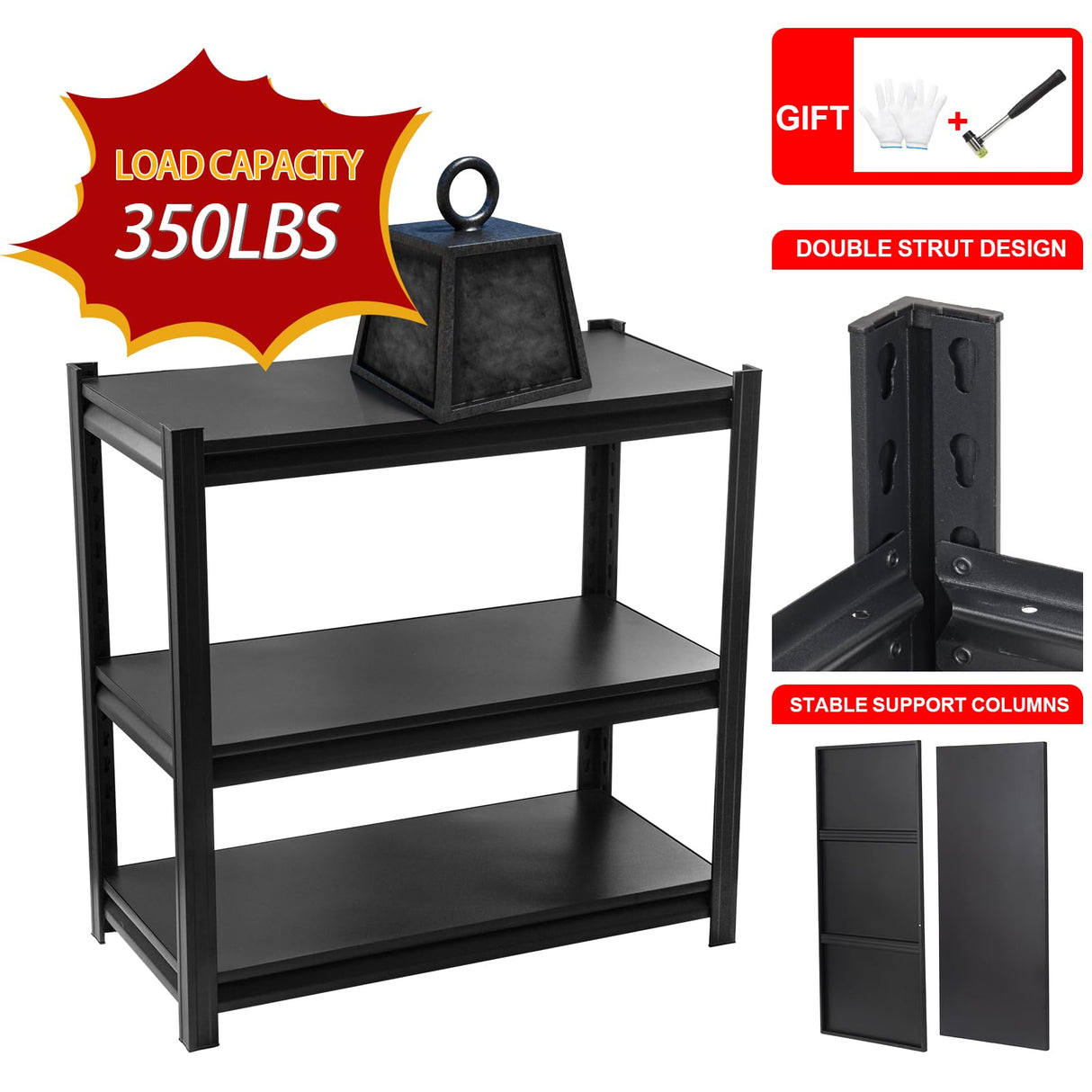 Jarbalai Black 3-Tier Heavy Duty Steel Shelving Unit, 1000 LBS Capacity Garage Shelving, Adjustable Storage Rack, 31.5" L x15.75 W x31.5 H, Industrial Shelves for Garage, Workshop, Home Organization Jarbalai