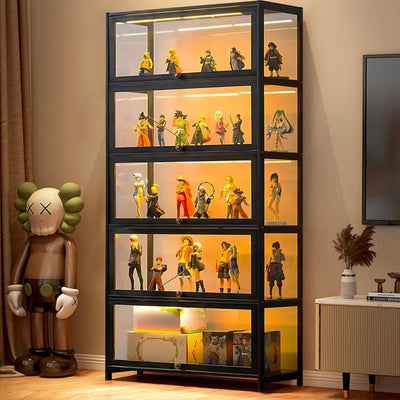 5-Tier Curio Display Cabinet, Storage Shelves with Acrylic Door, Collectibles Toy Organizers Rack & Display Shelf, Display Case for Playroom Bedroom Toddler's Room Kids Bookcase (Black flip door)