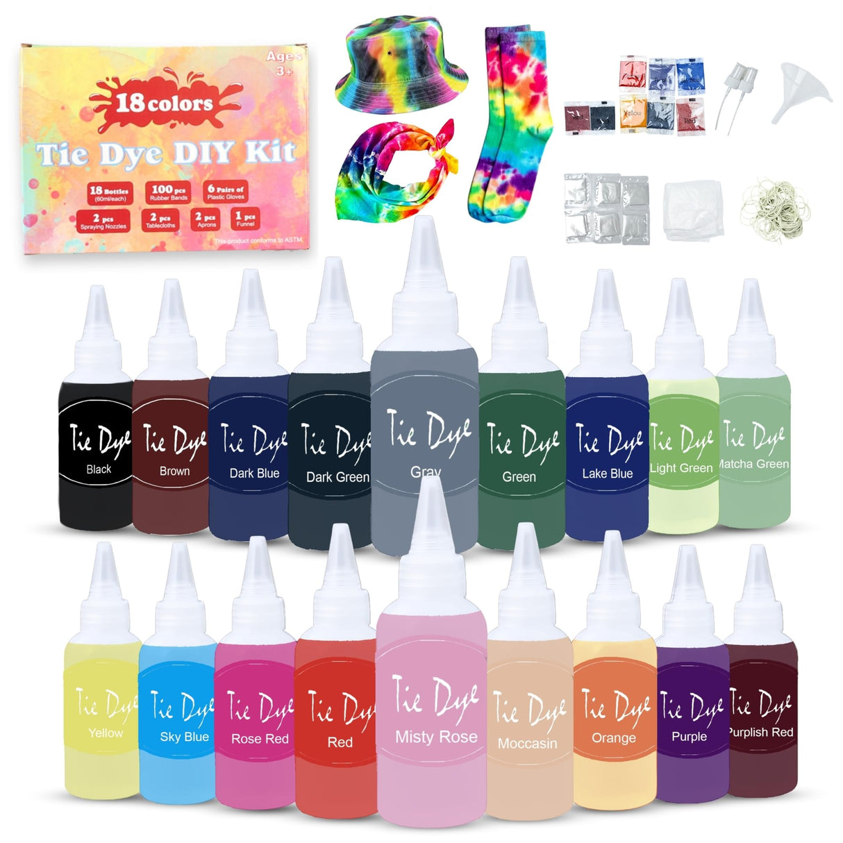 Tie Dye Kit for Kids & Adults - Complete DIY Tie Dye Set w/Tie Dye Powder in Tie Dye Refill Packets -Fun Kids Tie Dye Kit w/Nozzle Spray Tie Dye Kit for Fabric - Dye for Clothing (Pack of 18, 60 ml) Goodscious