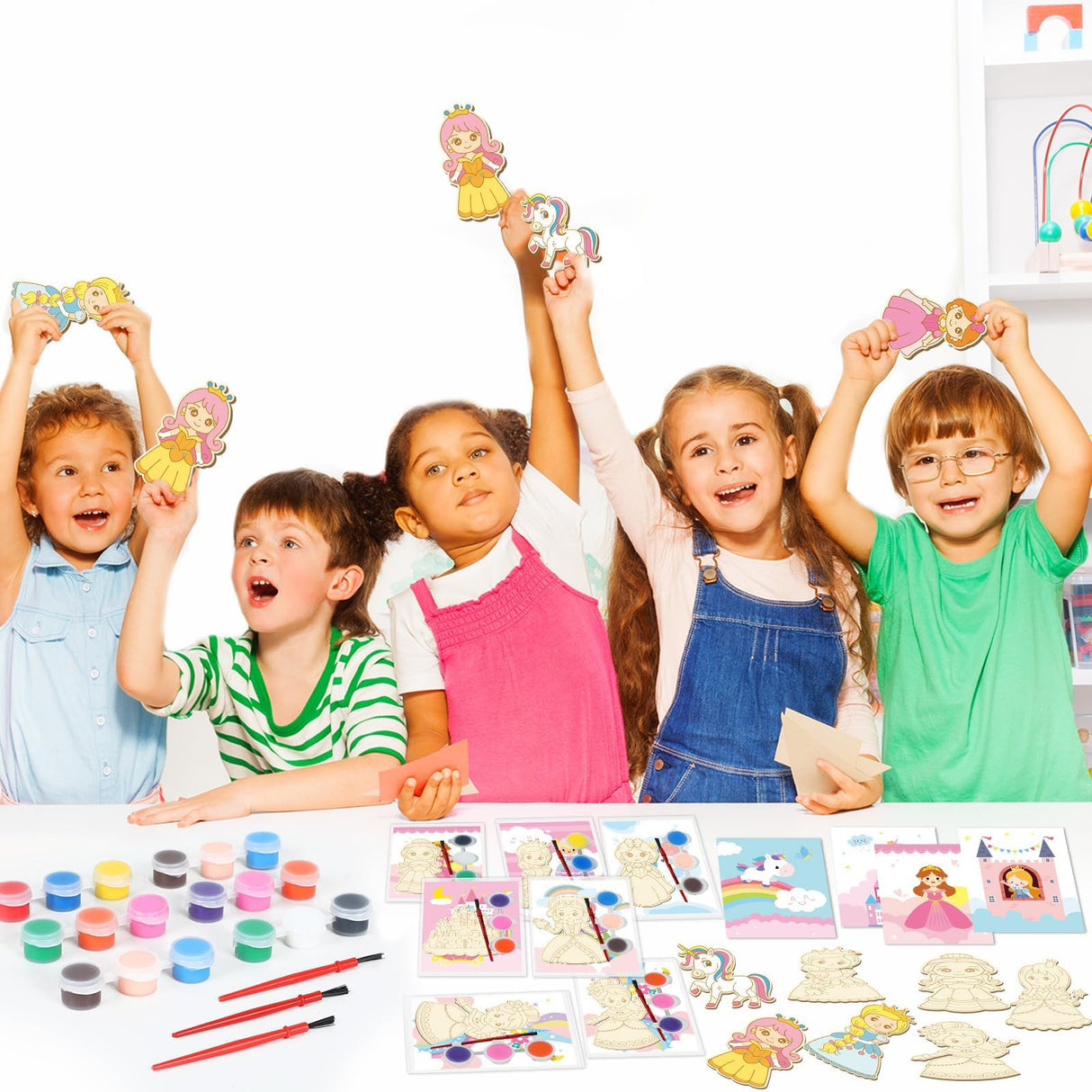 24Pcs Princess Party Favors Birthday Supplies Decorations-Cards with Art Crafts Castle Fairies DIY Wooden Painting Craft Kits Thank You for Coming Gifts Bulk Goodie Bags Stuffers Prizes for Kids Girls Yiaoyinnz