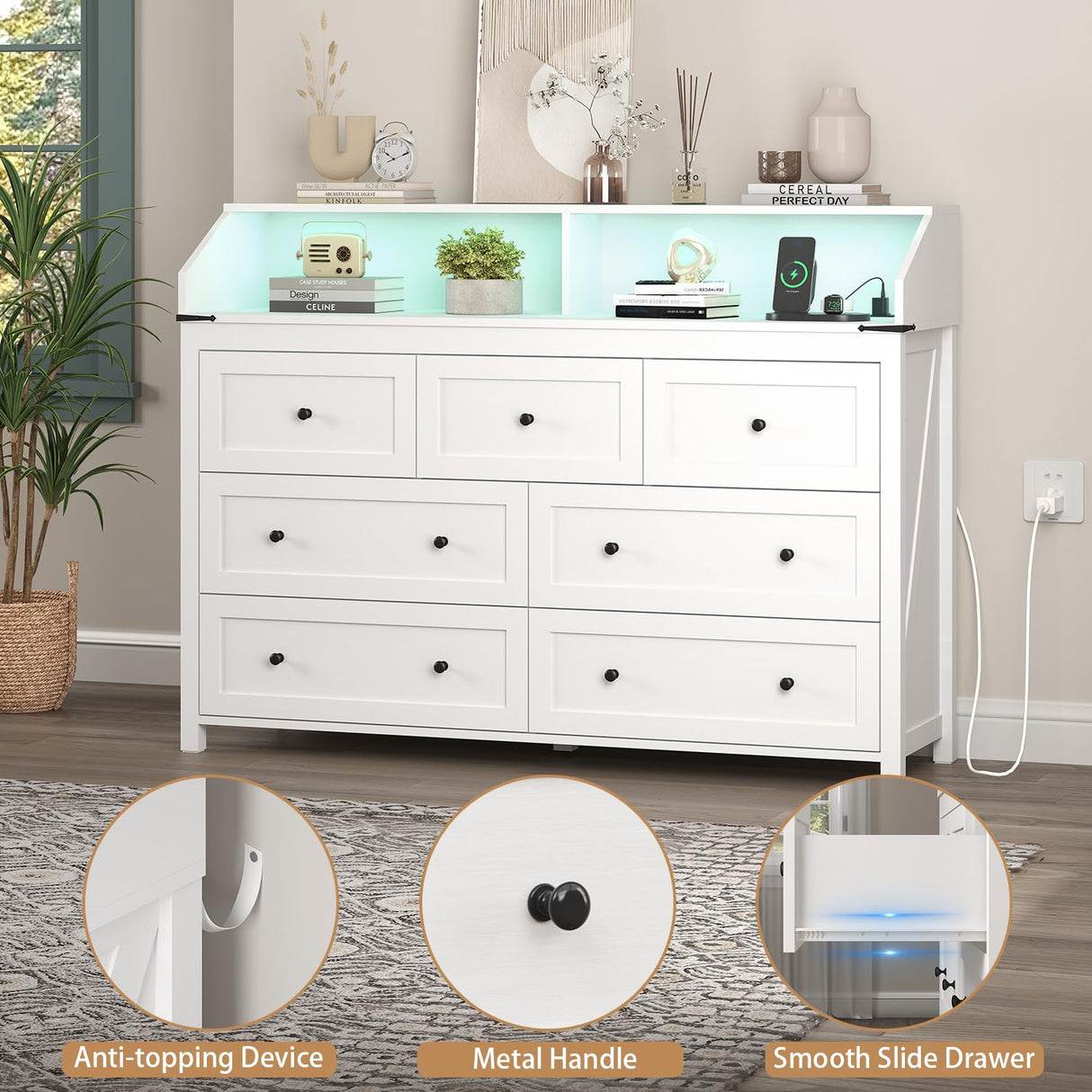 Wodeer Dresser for Bedroom with Power Strip & LED Light,7-Drawer Dresser & Chest of Drawers with Deep Drawers, Wood Double Dresser Storage Cabinet for Bedroom,Living Room, Hallway,White Wodeer