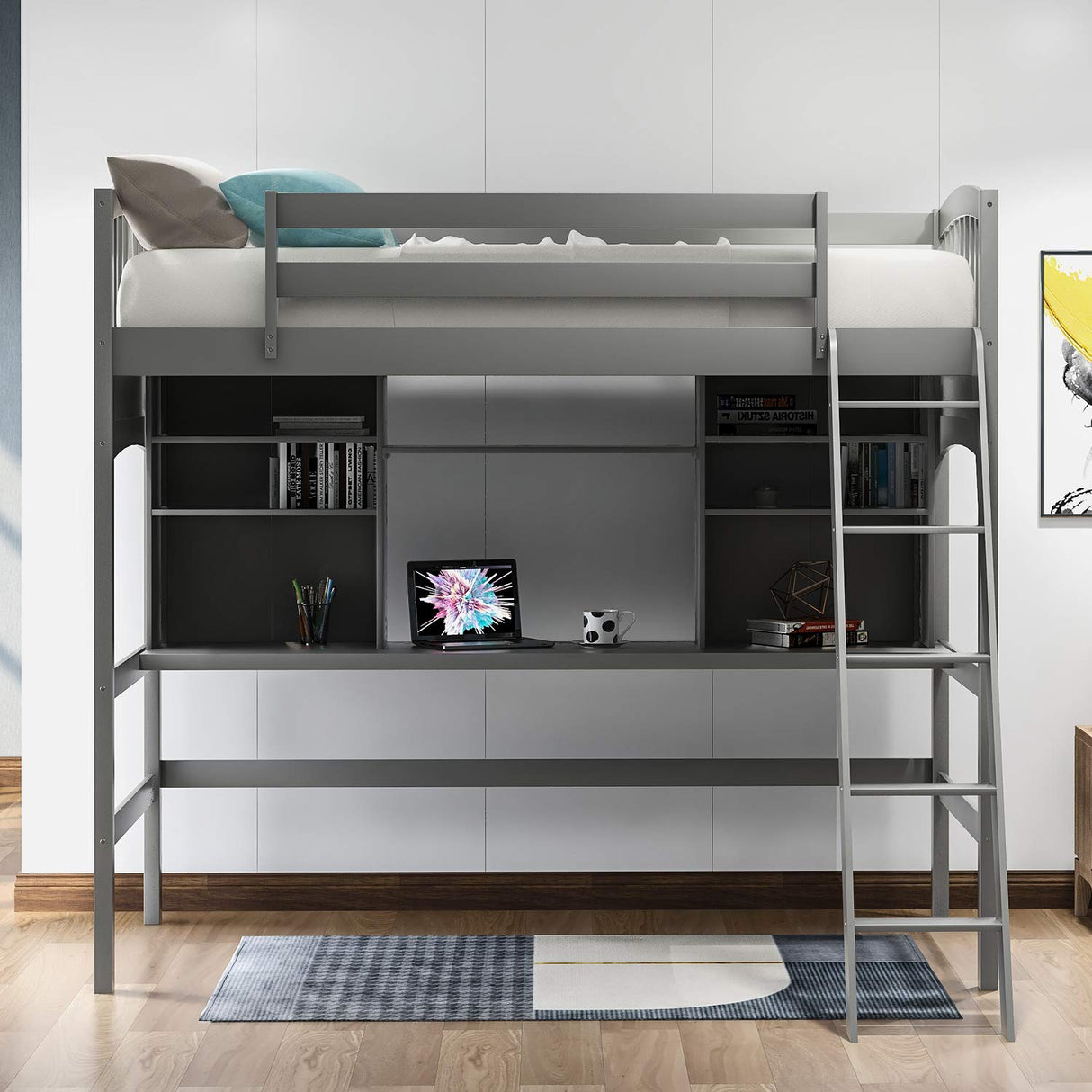 Merax Twin Size Grey Loft Bed with Desk and Shelves - Solid Pine Wood Frame Merax