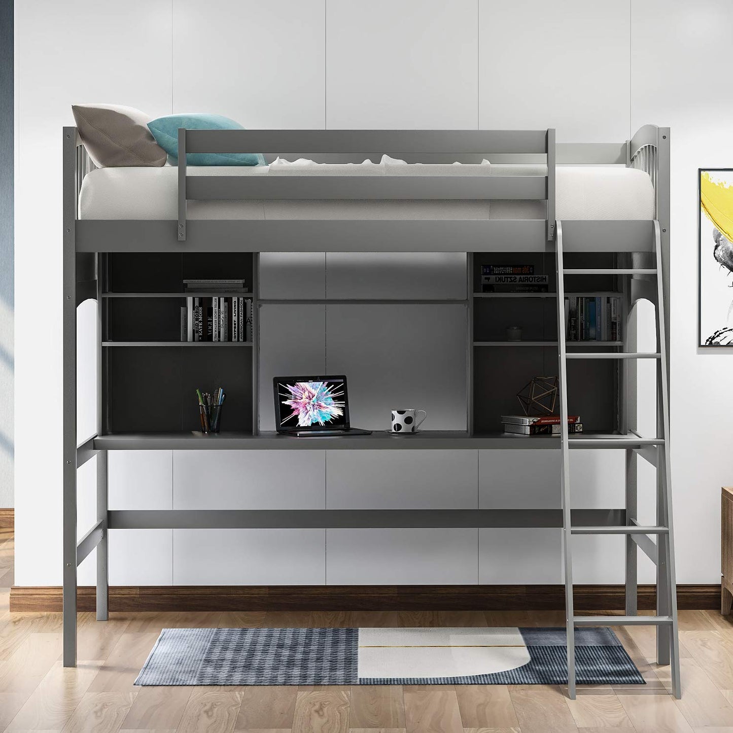 Merax Twin Size Grey Loft Bed with Desk and Shelves - Solid Pine Wood Frame - WoodArtSupply