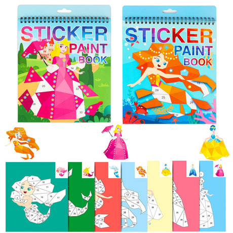 2PCS Crafts for Kids Ages 4-8 Sticker Paint Number Sticker Book Mermaid and Princess Stickers for Girls Birthday Halloween Christmas Party Favors Road Plane Travel Daycare Activity TPQKA