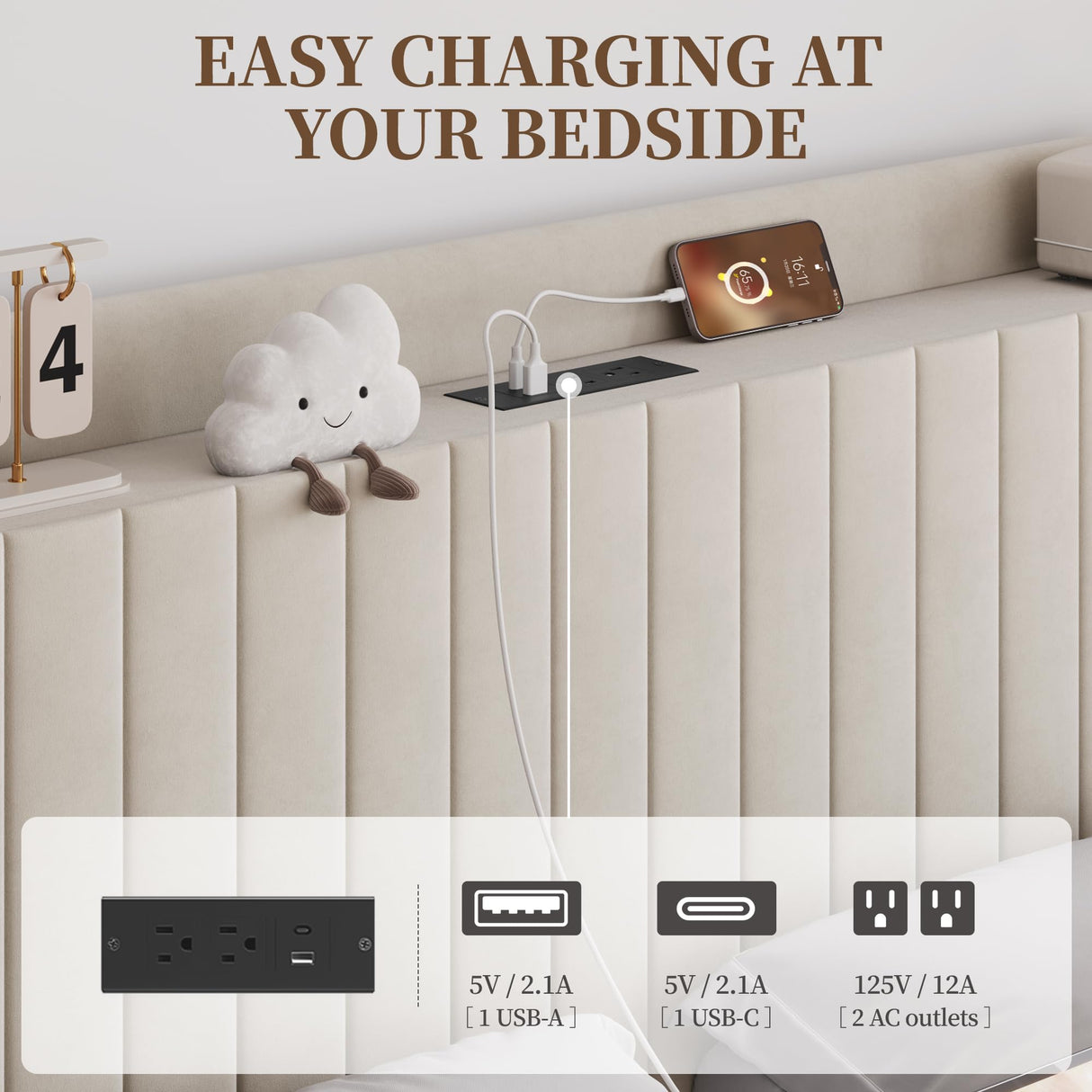 Yaheetech Queen Bed Frame with USB Charging Station and Storage Shelf/Upholstered Headboard Platform Bed with Wing Side/Wooden Slats Support/Noise Free/No Box Spring Needed/Easy Assembly, Ivory Yaheetech