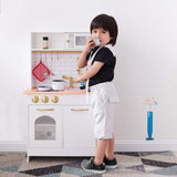 Teamson Kids Little Chef Boston Compact Farmhouse Interactive Wooden Play Kitchen with Sink, Oven, Microwave and Storage Space for Easy Clean Up, White with Gold Finishes Teamson Kids