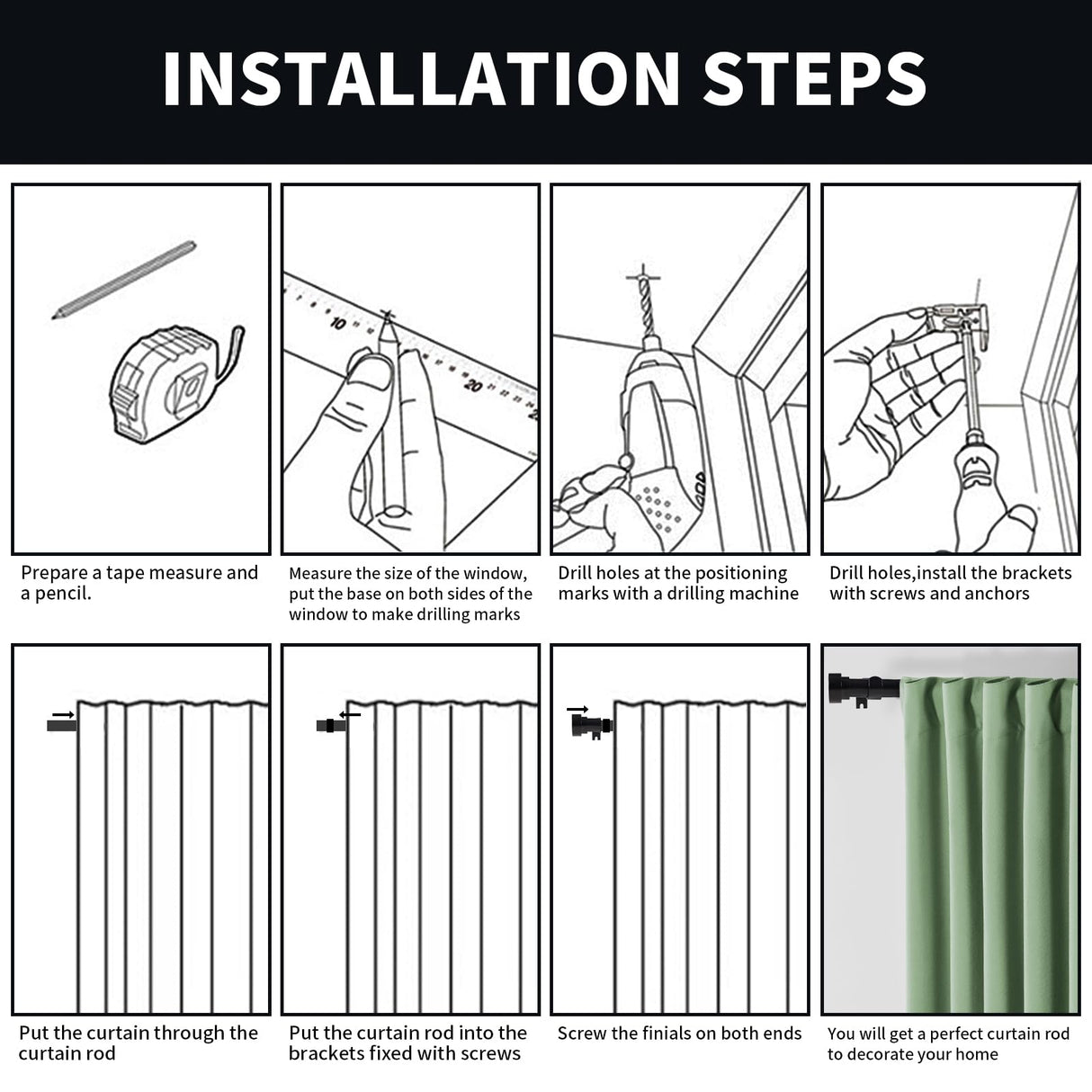 Joydeco Curtain Rods for Windows 16 to 120 inches Adjustable Decorative Window single rod with Aluminium Finials(16" to 120",1PCS,Black) Joydeco