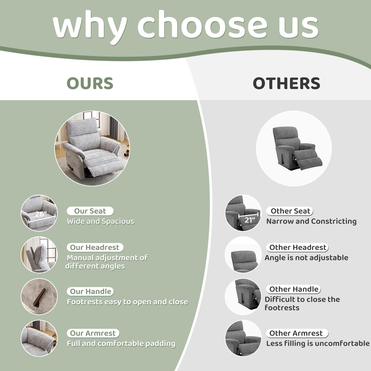 Oversized Rocking Chair Nursery with Adjustable Headrest, 26" Extra Wide Glider Recliner Nursery Chair for Nursery, 360° Swivel Rocker Recliner with Overstuffed Armrest， Light Grey RUTOX