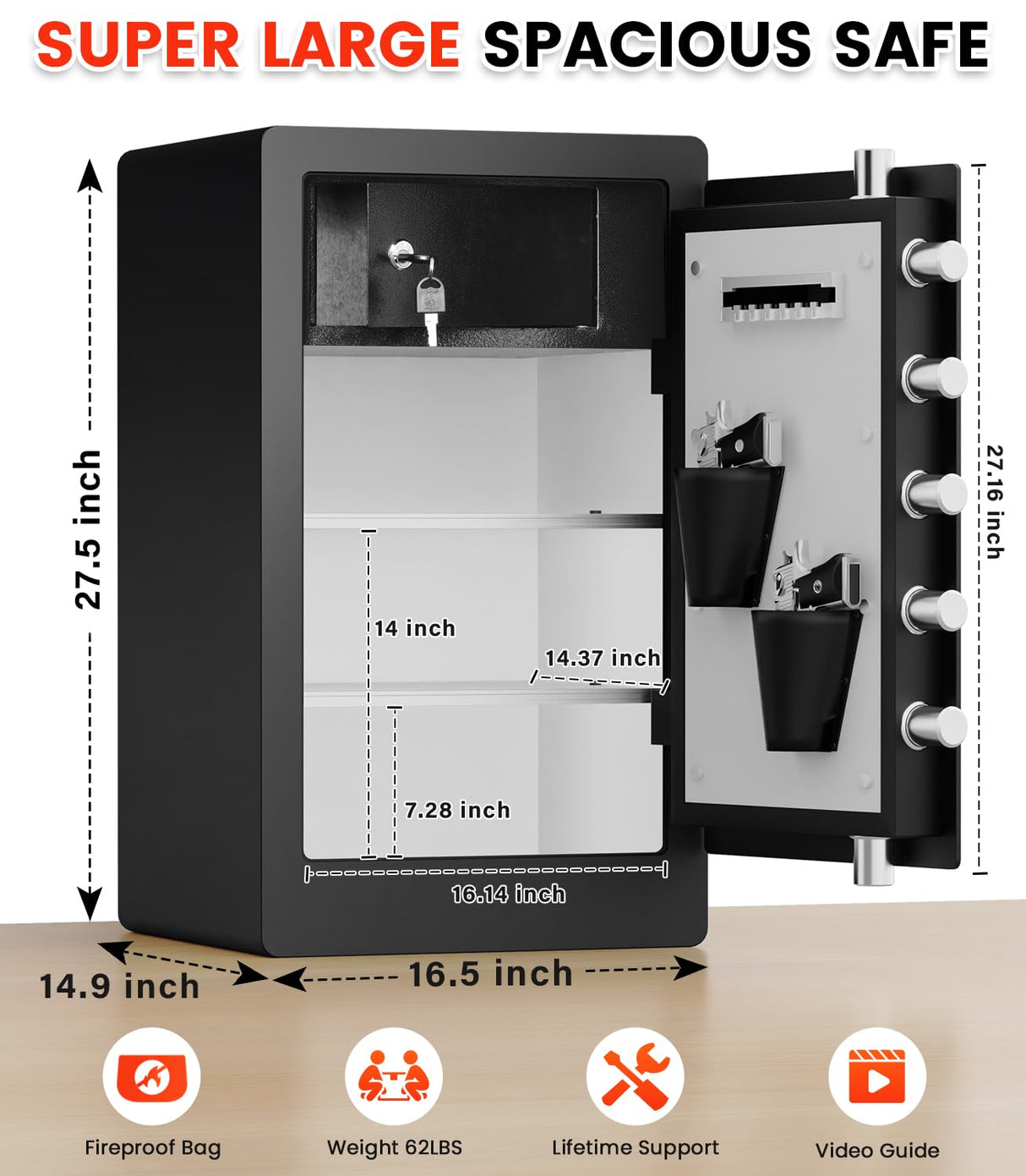 5.6 Cuft Biometric Fireproof Safe Box For Home, Heavy Duty Home Safe Fireproof Waterproof, Large Document Safe With Keypad, Anti-Theft Dual Alert, Mute Mode, Digital Security Safe For Jewelry Money Povanje