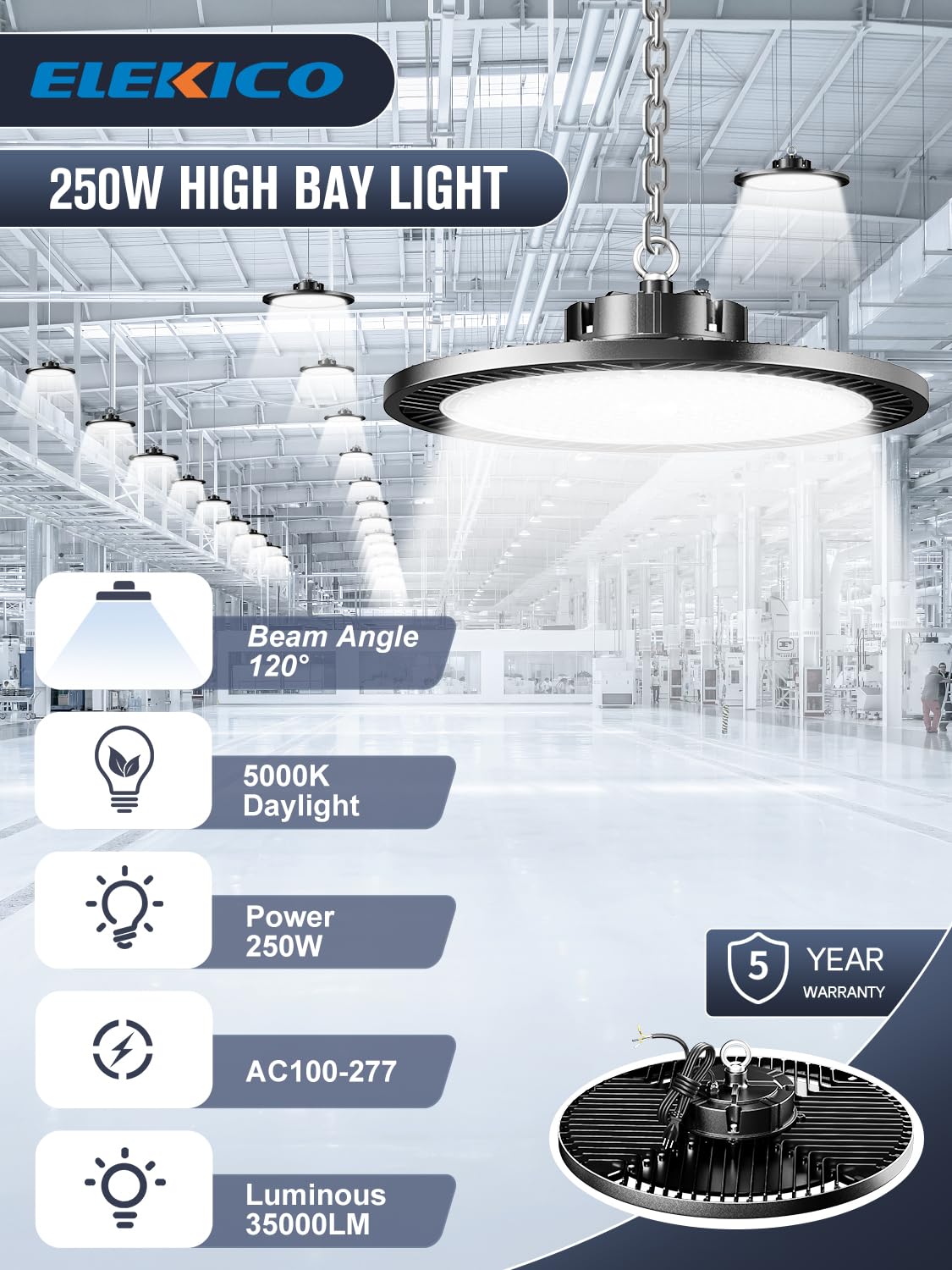 ELEKICO Super Bright 250w UFO LED High Bay Light 35000lm with Plug 5ft Cable (Eqv.1000w Mh/Hps/Hid),5000k High Bay Led Shop Lights Garage Lighting for Garage Factory Workshop Warehouse Barn - - WoodArtSupply