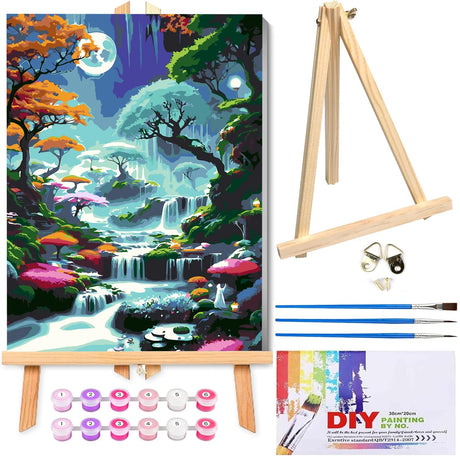 VIGEGU Paint by Numbers Kit for Adults Framed,with Wooden Easel Gift Box,Moon Waterfall Tree Paint by Numbers with Frame DIY Adults' Paint-by-Number Kits for Home Wall Decor 12x16inch VIGEGU