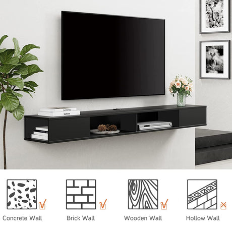 WAMPAT 70 inch Black Floating TV Stand, Entertainement Center Wall Mount for 75 inch TV, Media Console for Under TV with Storage for Living Room WAMPAT