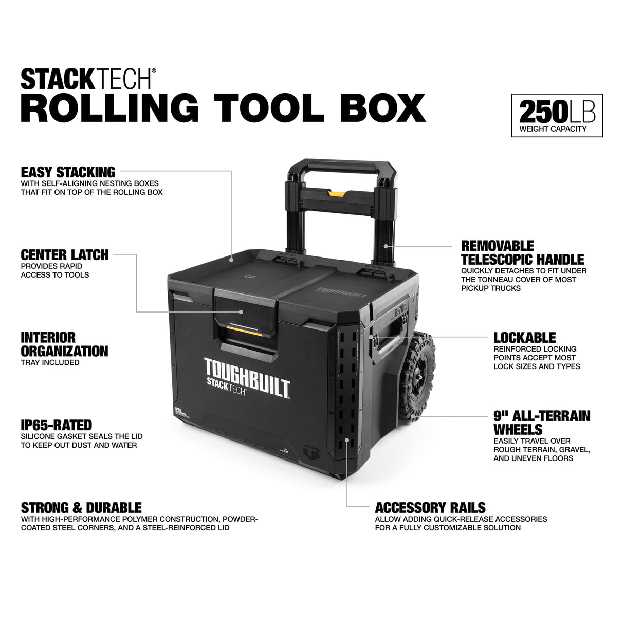ToughBuilt StackTech Rolling Tool Box, Heavy-Duty Portable Tools Organizer, 250 lb Capacity - Stackable and Waterproof Toolbox Storage System with Lockable Lid and 9-Inch All-Terrain Wheels ToughBuilt