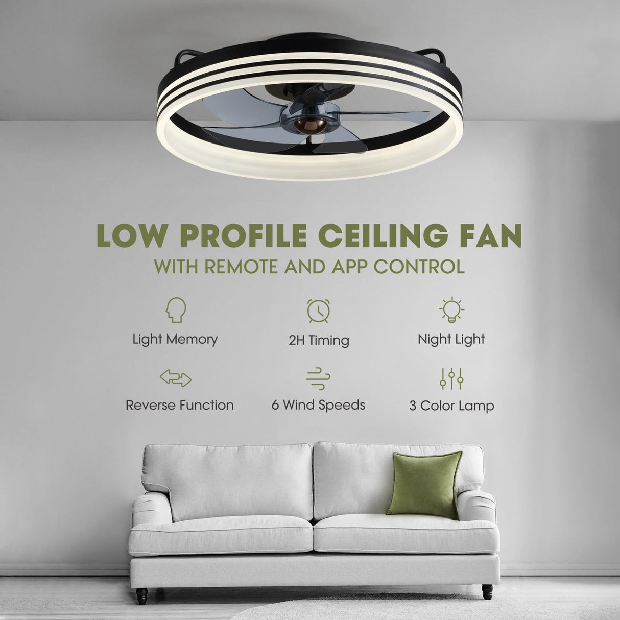LUDOMIDE Ceiling Fans with Lights, Flush Mount Ceiling Fan with Lights and Remote, 6 Wind Speeds Smart Low Profile Ceiling Fan for Bedroom, Kids Room and Living Room 20" (Black) LUDOMIDE