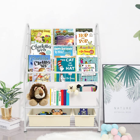 aboxoo Metal Kids Bookshelf Freestanding for Children Room 25 inches Toddler White Bookcase Toy Organizer Stable Bookcase Bookstore Library Book Unit Storage for Small Place aboxoo