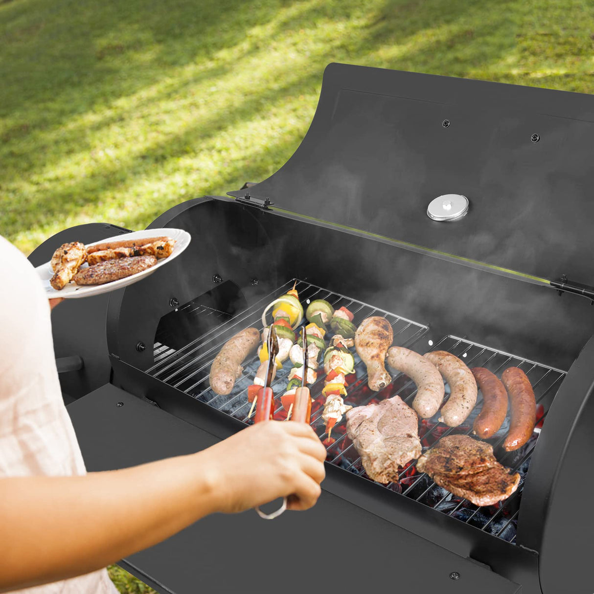 445 Square Inches Charcoal Grill with Offset Smoker, Leonyo Large Barrel Charcoal Grills with Smoker Cover, Chimney Starter for Outdoor BBQ Camping, Black Leonyo