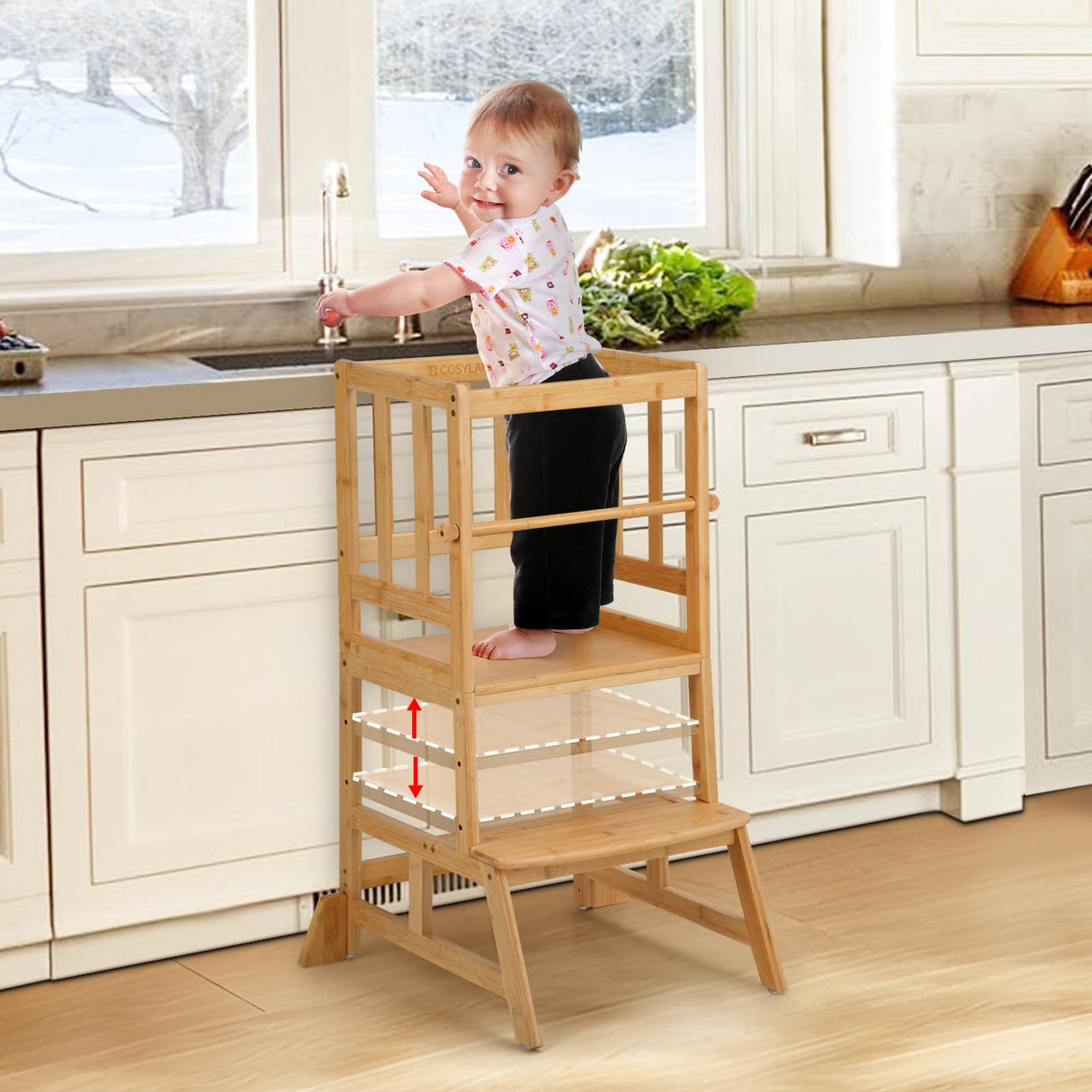 COSYLAND Toddler Standing Tower - Adjustable Height Toddler Kitchen Stool Helper - Kids Kitchen Step Stool for Learning with Removable Safety Railing Natural COSYLAND