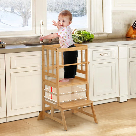 COSYLAND Toddler Standing Tower - Adjustable Height Toddler Kitchen Stool Helper - Kids Kitchen Step Stool for Learning with Removable Safety Railing Natural COSYLAND