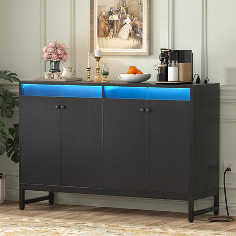 Aheaplus Sideboard Buffet Cabinet with Power Outlet, Kitchen Storage Cabinet with LED Light & Doors, Accent Cabinet Cupboard Buffet Table with Storage for Dining Room, Living Room, Hallway, Black Aheaplus
