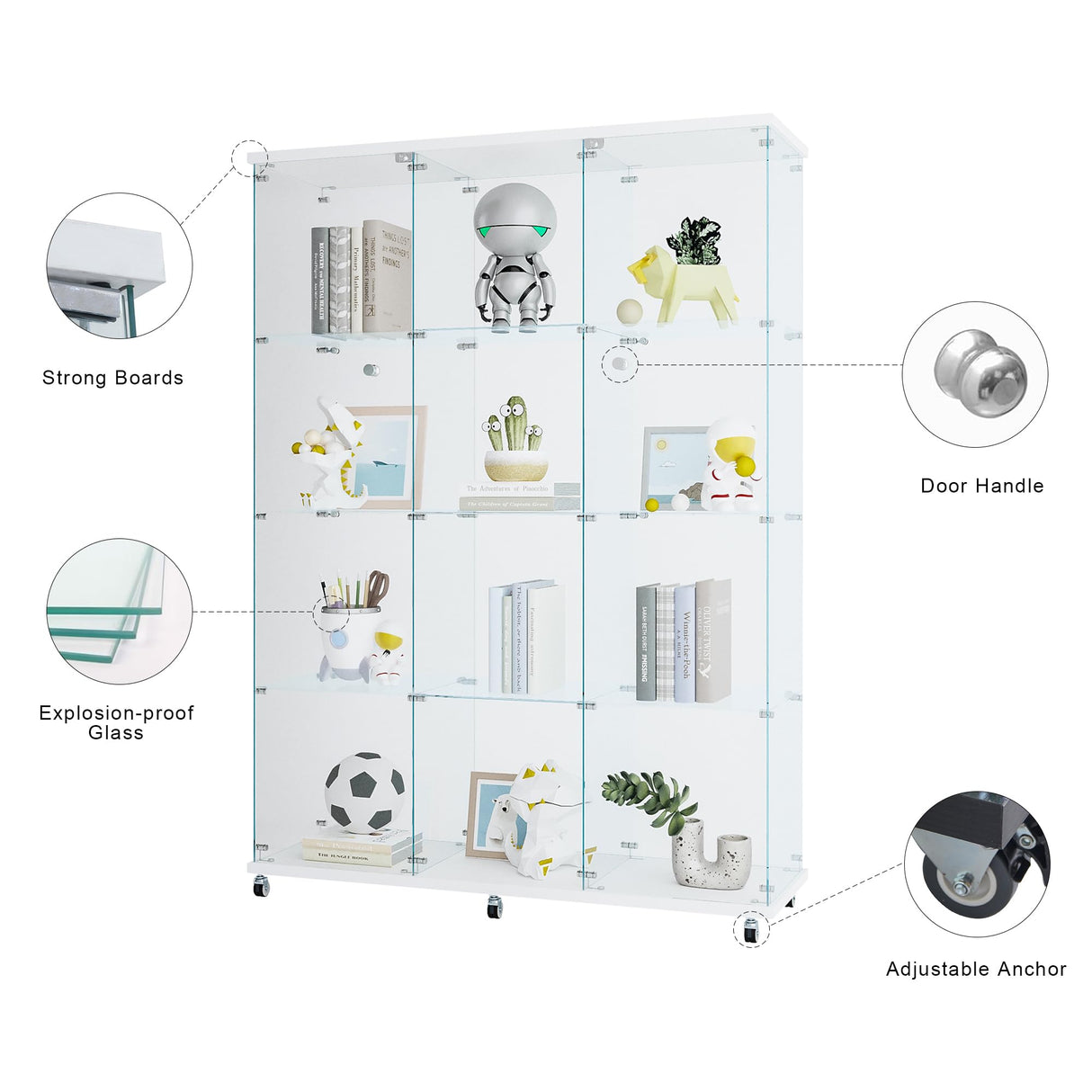 Glass Display Cabinet with Glass Doors, Tall 4-Tier Tempered Glass Floor Standing Curio Case with Lock for Collectibles, Toys, Books, Living Room, Quick Installation (4 Shelf 3 Column 2 Door, White) VFY