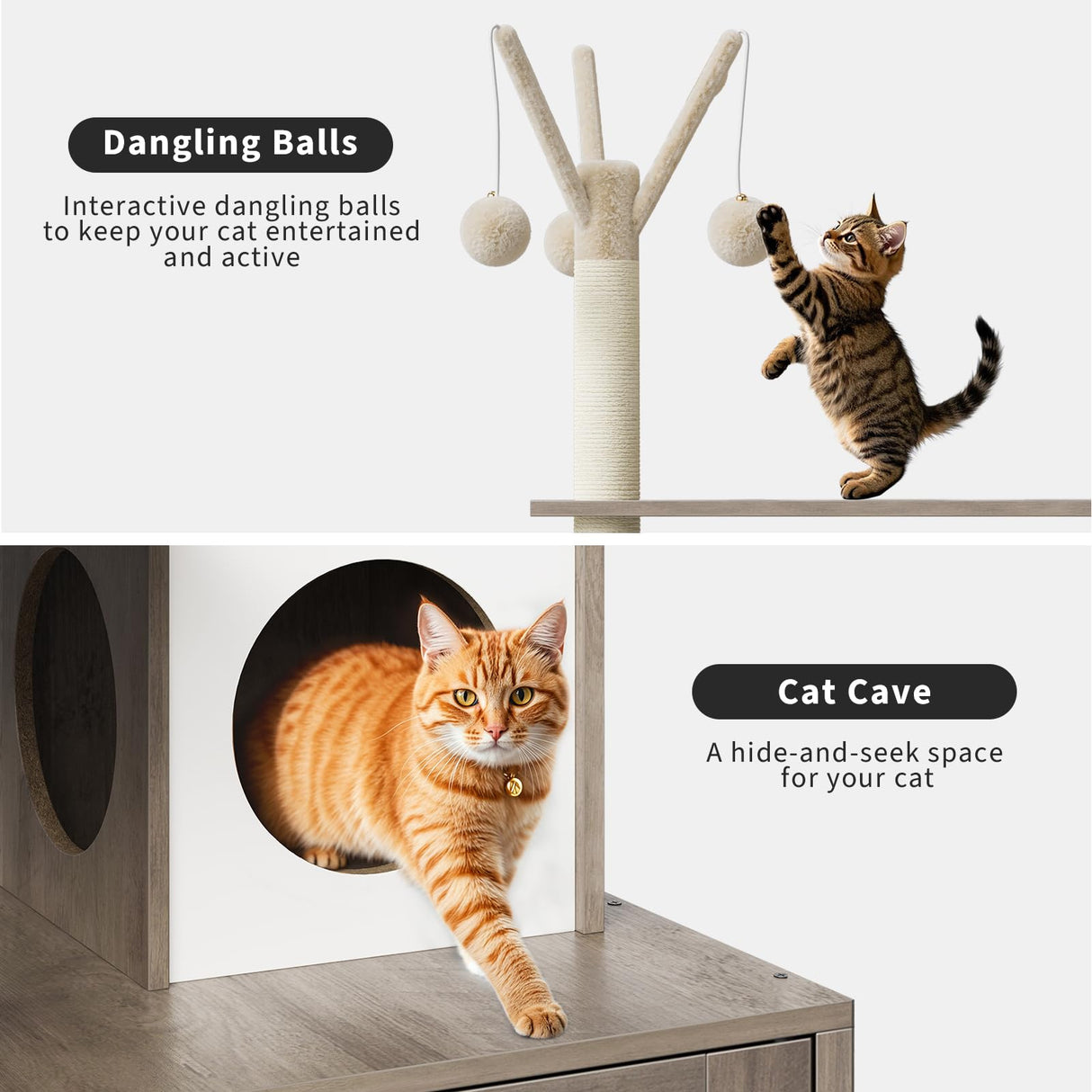 Litter Box Enclosure with Cat Tree Tower and Condo, Hidden Cat Washroom Furniture with Sisal Scratching Post & Soft Plush Perch, Wooden Cat Furniture with Multiple Platforms,Griege Amenitlif