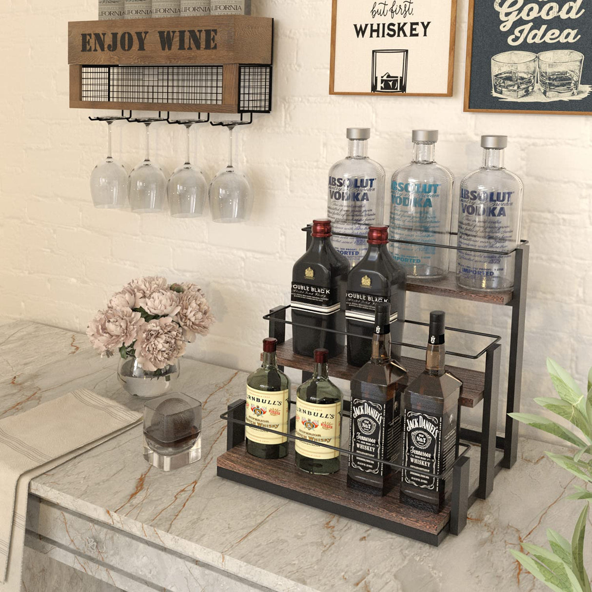 J JACKCUBE DESIGN Coffee Syrup Organizer Rack, Rustic Wood and Metal Wire, 3-Tier 12 Bottles Compartment Display Holder Coffee Station Bar Accessory for Syrup, Wine, Dressing(Black) - MK815A J JACKCUBE DESIGN