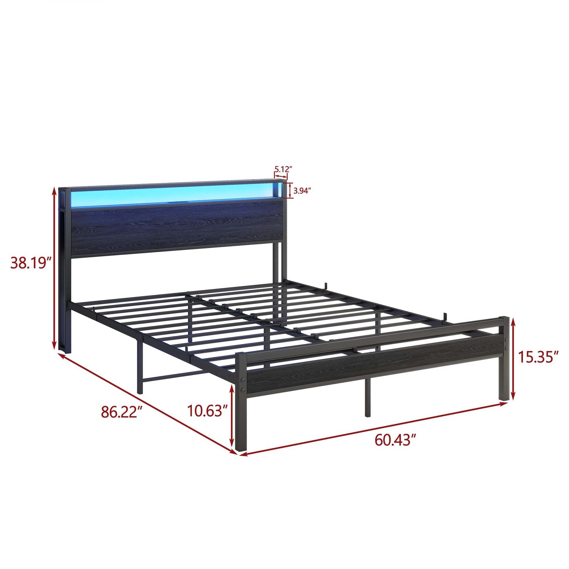 BOFENG Queen Metal Bed Frame with Storage Headboard, LED Lights & Charging Station - WoodArtSupply