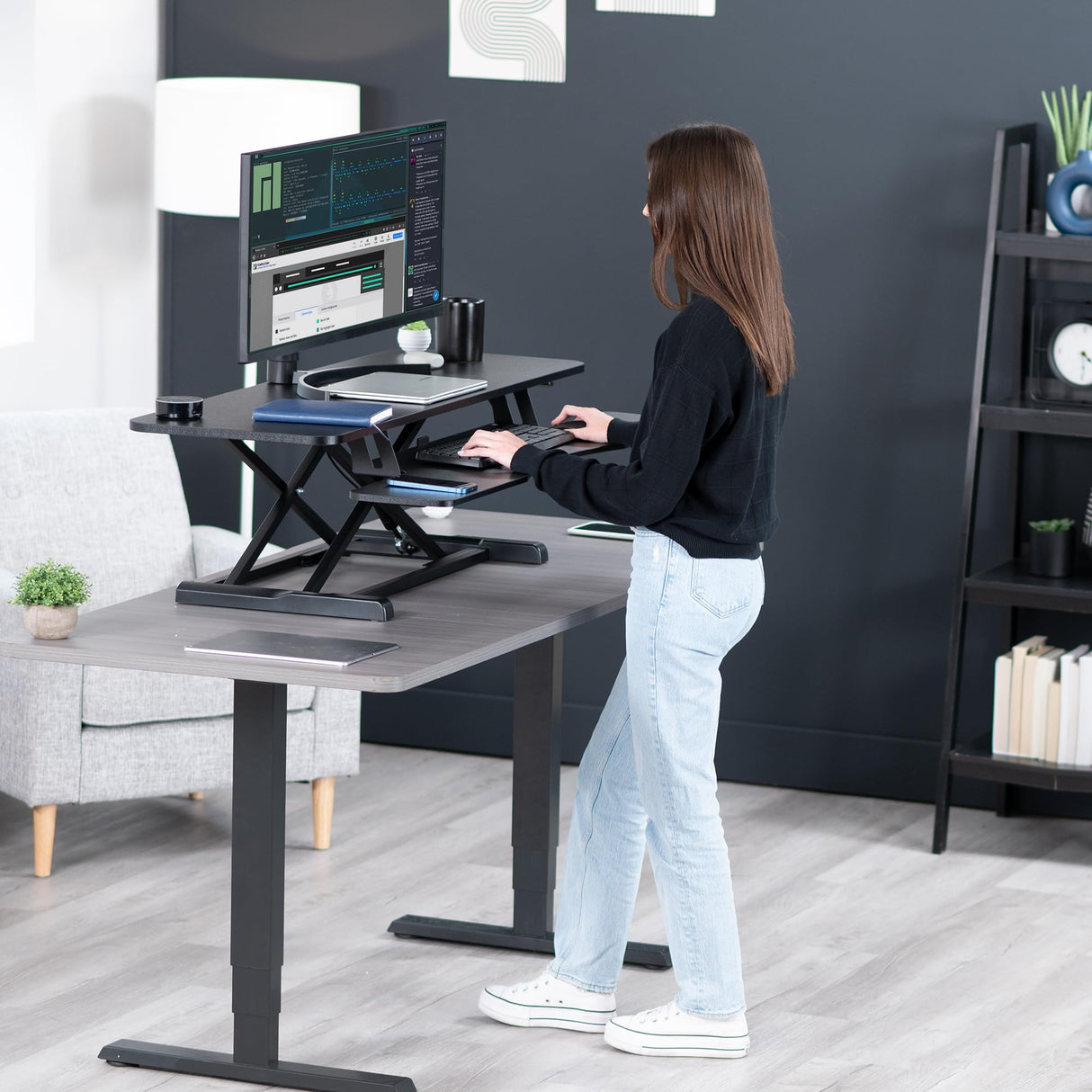 VIVO 48 inch Desk Converter, K Series, Height Adjustable Sit to Stand Riser, Dual Monitor and Laptop Workstation with Wide Keyboard Tray, Black, DESK-V048KB VIVO