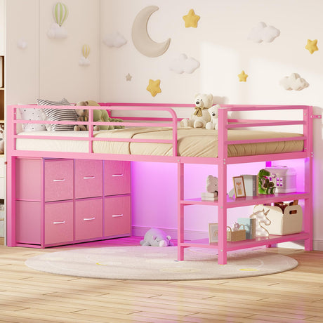 BTHFST Low Loft Bed Twin Size with 6 Storage Drawers, LED Lights, 2 Tier Storage Shelves, Kids Metal Loft Bed with 15" H Stairs & Safety Guardrail, Spave Saving, Pink BTHFST