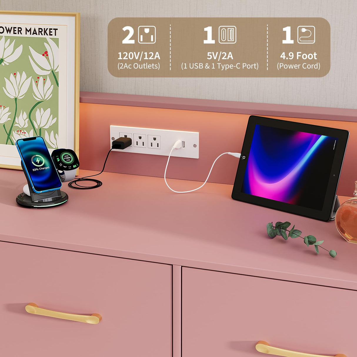 Patikuin Pink Dresser for Bedroom, 47" Wide Chest of Drawers with LED Lights, Charging Station & 5 Smooth-Sliding Drawers, Modern Wood Storage Cabinet for Entryway, Hallway, Living Room Patikuin