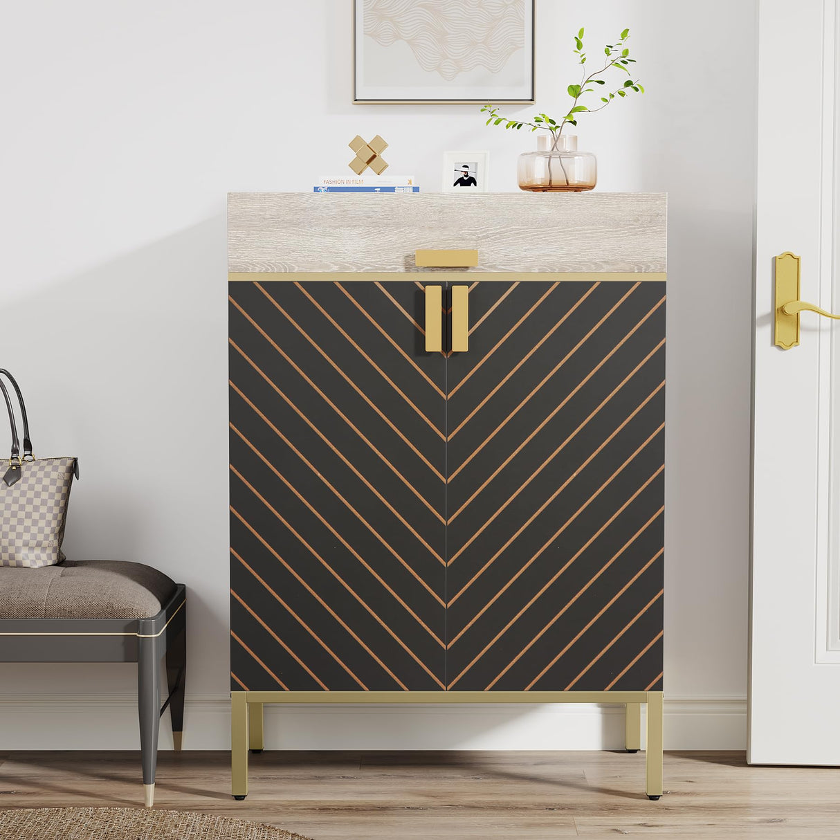 Tribesigns Shoe Cabinet with Drawers, 4-Tier Shoe Organizer with Removable Shelves, Modern Shoe Storage with Doors for Entryway, Hallway, Bedroom, Gray/Gold Tribesigns